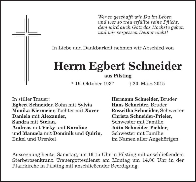 Traueranzeige Egbert Schneider