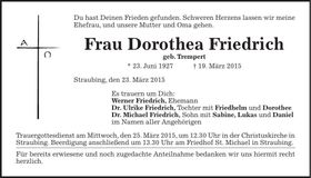 Traueranzeige Dorothea Friedrich