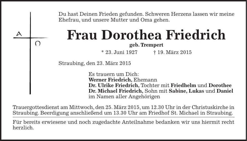 Traueranzeige Dorothea Friedrich