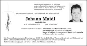Traueranzeige Johann Maidl