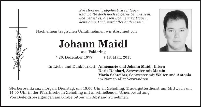 Traueranzeige Johann Maidl