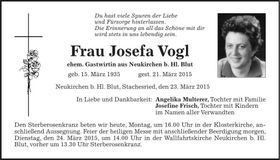 Traueranzeige Josefa Vogl