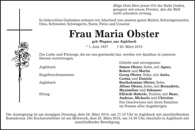 Traueranzeige Maria Obster