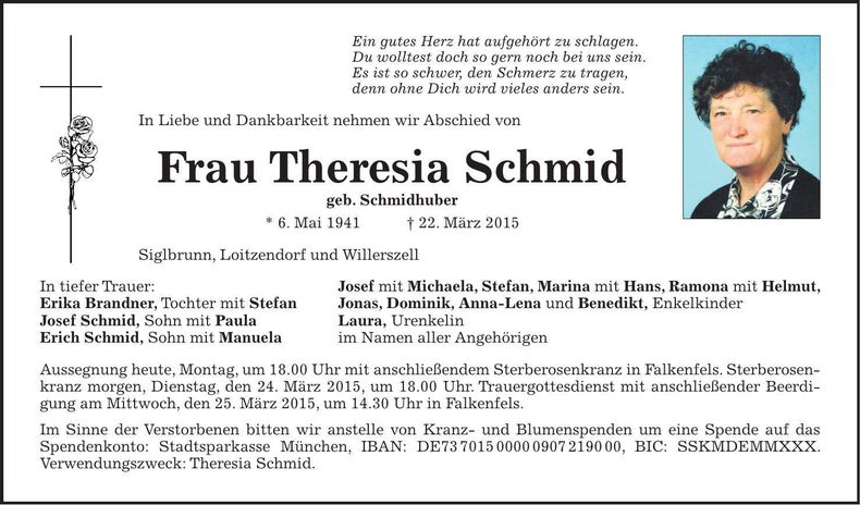 Traueranzeige Therese Schmid