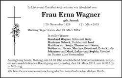 Traueranzeige Erna Wagner