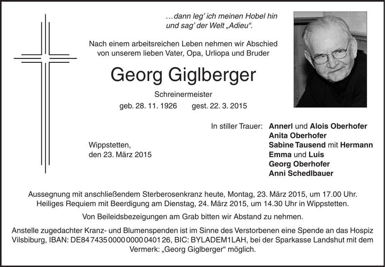 Traueranzeige Georg Giglberger