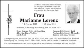 Traueranzeige Marianne Lorenz