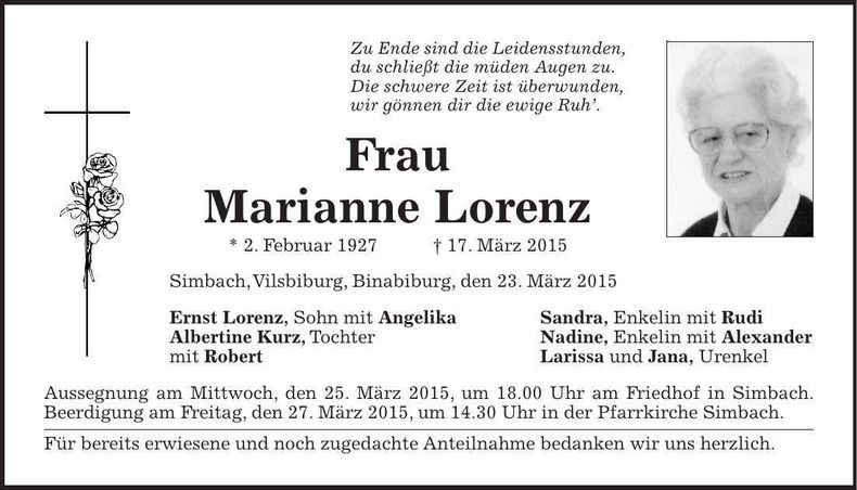 Traueranzeige Marianne Lorenz