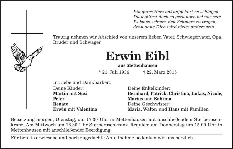 Traueranzeige Erwin Eibl