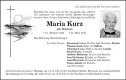 Traueranzeige Maria Kurz