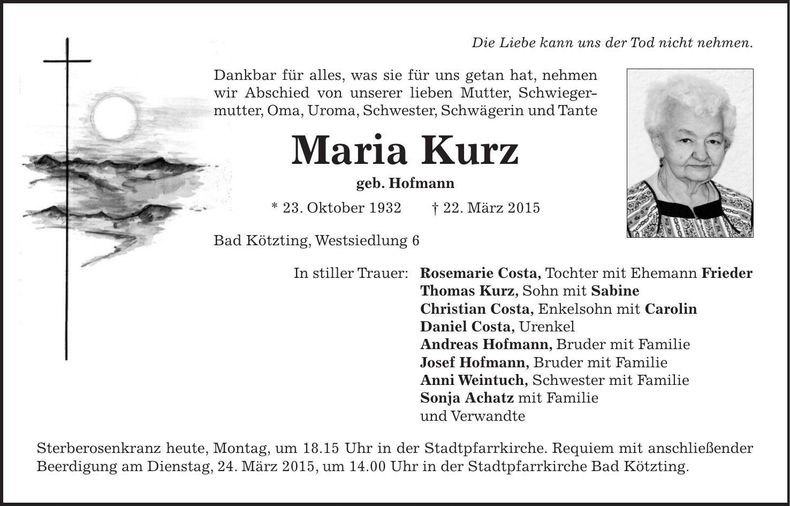 Traueranzeige Maria Kurz