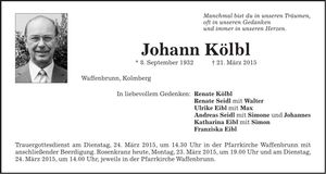 Traueranzeige Johann Kölbl