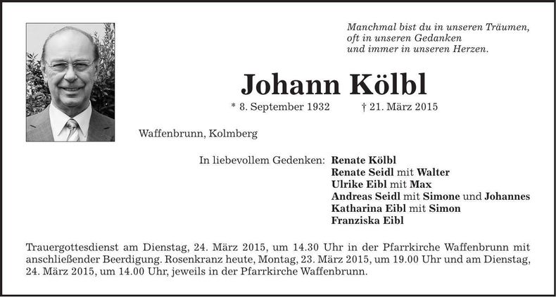 Traueranzeige Johann Kölbl