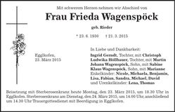 Traueranzeige Frieda Wagenspöck