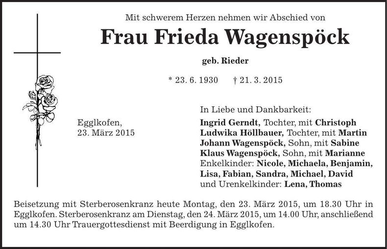 Traueranzeige Frieda Wagenspöck