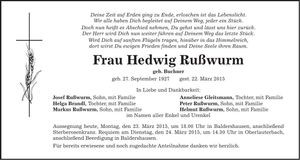 Traueranzeige Hedwig Rußwurm