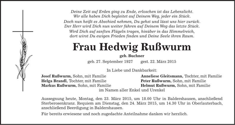 Traueranzeige Hedwig Rußwurm