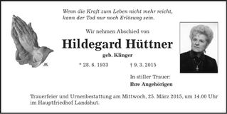 Traueranzeige Hildegard Hüttner