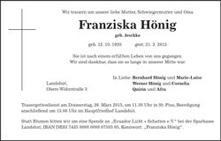 Traueranzeige Franziska Hönig