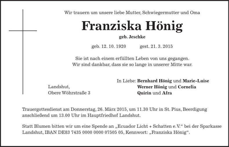 Traueranzeige Franziska Hönig