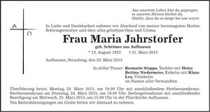 Traueranzeige Maria Jahrstorfer