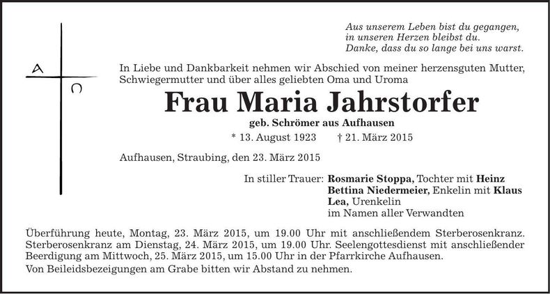 Traueranzeige Maria Jahrstorfer