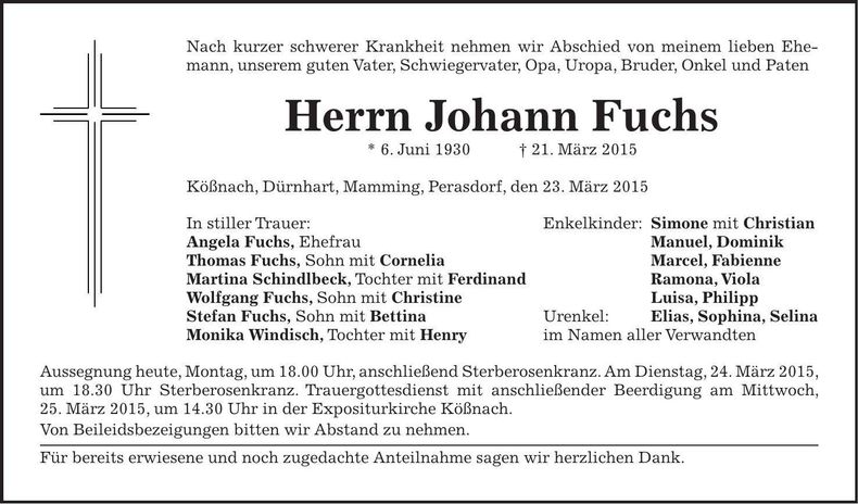 Traueranzeige Johann Fuchs