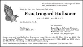 Traueranzeige Irmgard Hofbauer