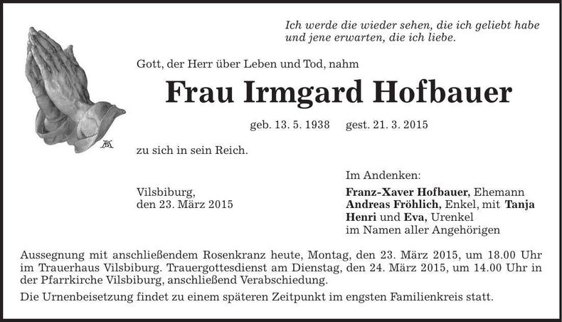 Traueranzeige Irmgard Hofbauer