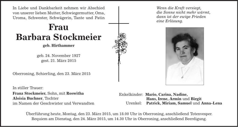 Traueranzeige Barbara Stockmeier