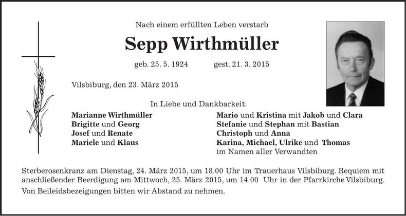 Traueranzeige Sepp Wirthmüller