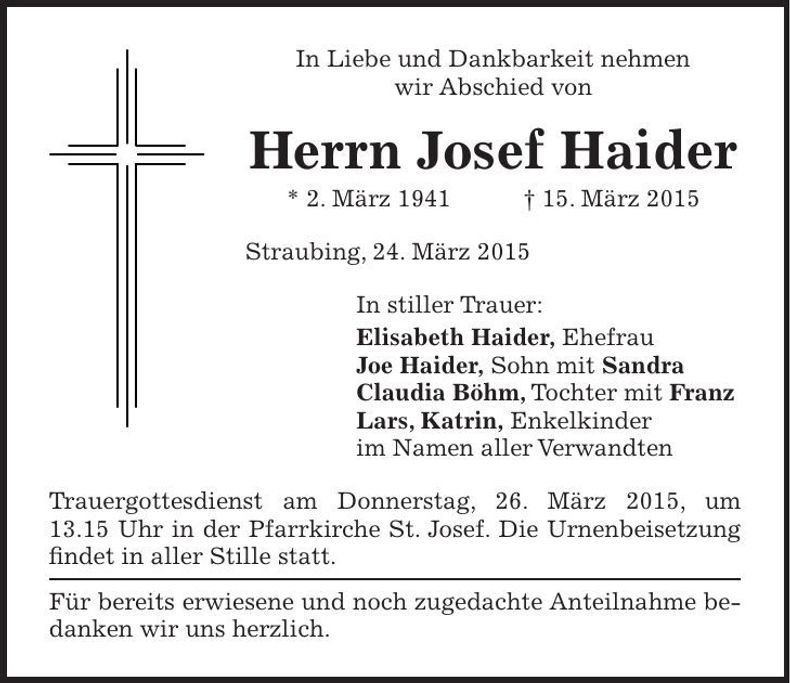 Traueranzeige Josef Haider