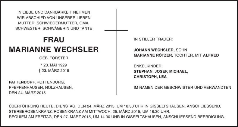 Traueranzeige Marianne Wechsler