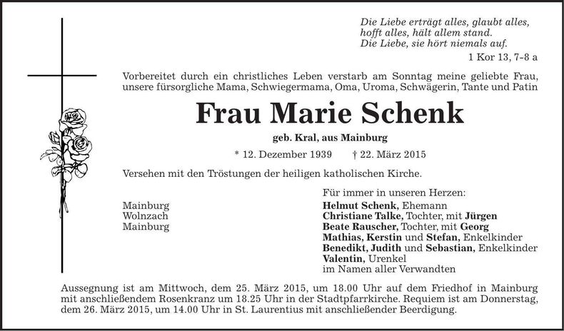 Traueranzeige Marie SChenk