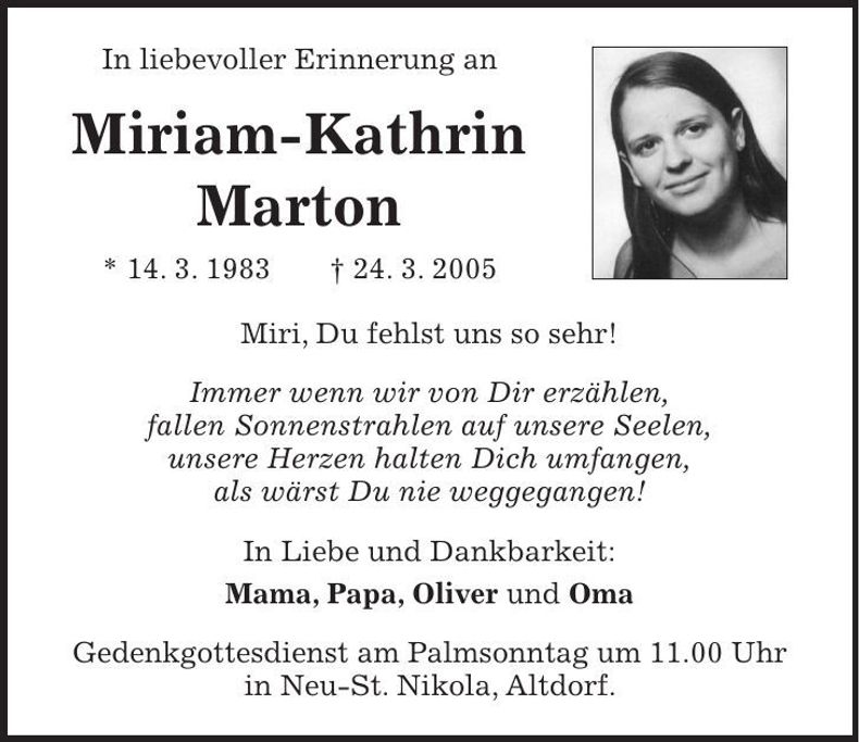 Traueranzeige Miriam Marton