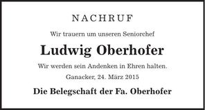 Traueranzeige Ludwig Oberhofer