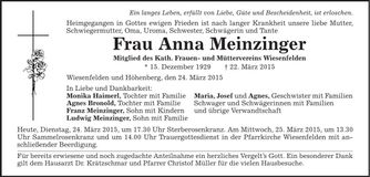 Traueranzeige Anna Meinzinger