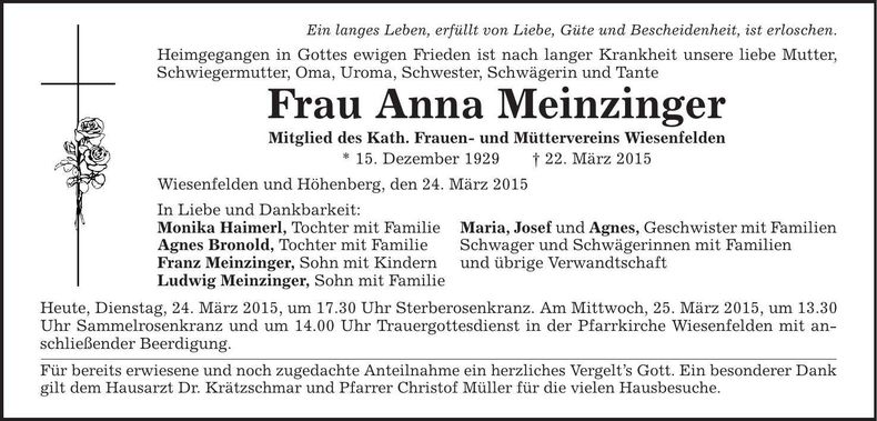 Traueranzeige Anna Meinzinger