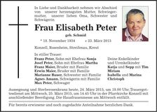 Traueranzeige Elisabeth Peter