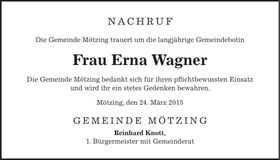 Traueranzeige Erna Wagner