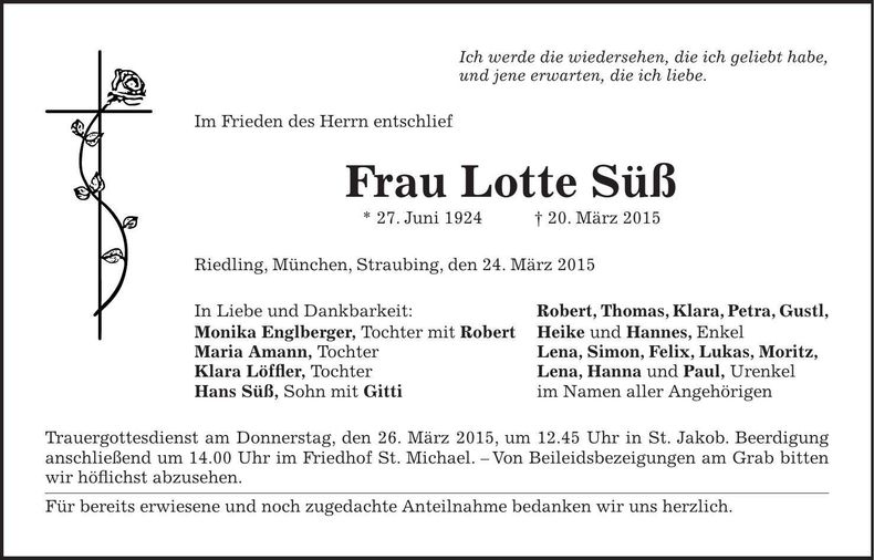 Traueranzeige Lotte Süß