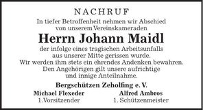 Traueranzeige Johann Maidl