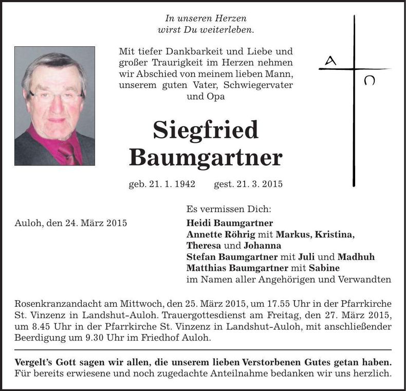 Traueranzeige Siegfried Baumgartner
