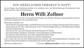 Traueranzeige Willi Zollner