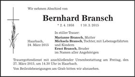 Traueranzeige Bernhard Bransch