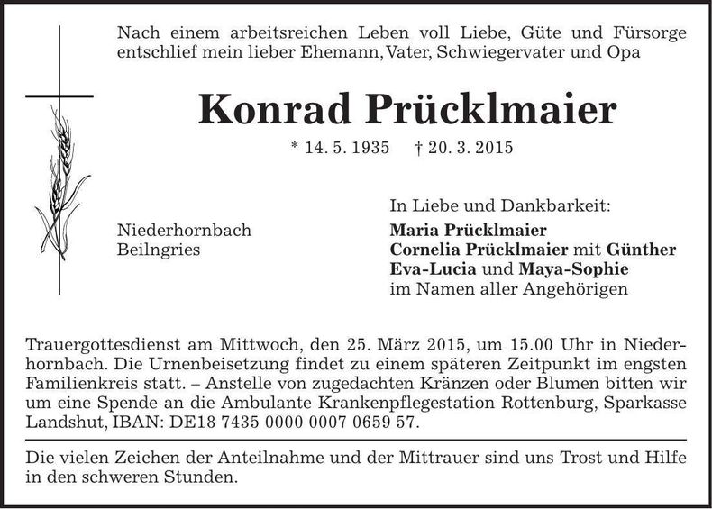 Traueranzeige Konrad Prücklmaier