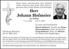 Traueranzeige Johann Hofmeier