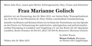 Traueranzeige Marianne Golisch