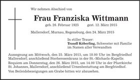 Traueranzeige Franziska Wittmann