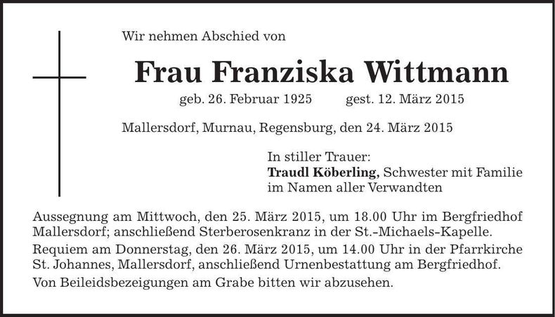 Traueranzeige Franziska Wittmann